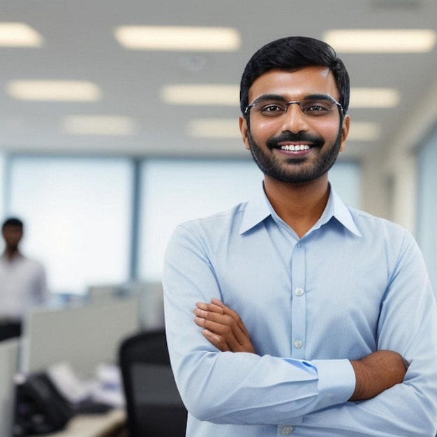 feliz sonriente hombre de negocios indio líder mira lejos con confianza de pie en la oficina sonriente joven empresario profesional gerente y ejecutivo de la India