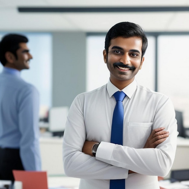 feliz sonriente hombre de negocios indio líder mira lejos con confianza de pie en la oficina sonriente joven empresario profesional gerente y ejecutivo de la India