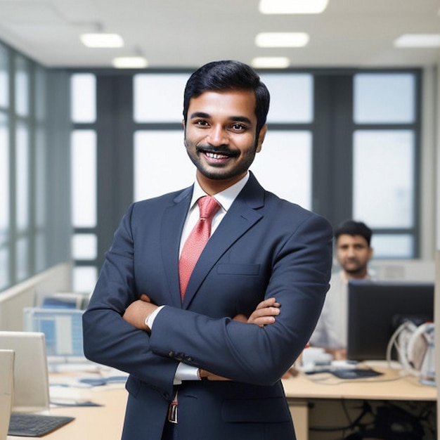 feliz sonriente hombre de negocios indio líder mira lejos con confianza de pie en la oficina sonriente joven empresario profesional gerente y ejecutivo de la India