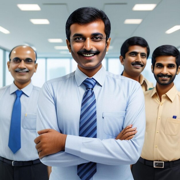 Foto feliz sonriente hombre de negocios indio líder mira lejos con confianza de pie en la oficina sonriente joven empresario profesional gerente y ejecutivo de la india