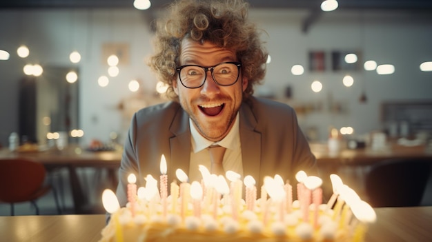 Feliz y sonriente jefe de negocios con alegre mirada loca celebra su cumpleaños en una oficina moderna