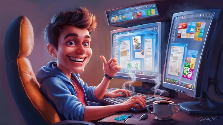 Foto feliz sonriente joven mirando y trabajando en la computadora