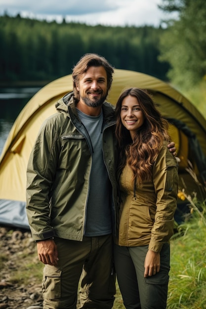 Feliz y sonriente joven y mujer de pie frente a la tienda hermosa pareja abrazándose descansa en las orillas del río en el bosque