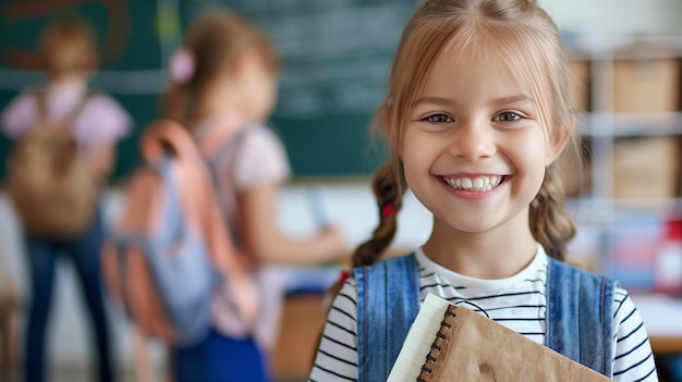 Foto feliz, sonriente, linda niña emocionada de volver a la escuela y continuar su educación con sus amigos.