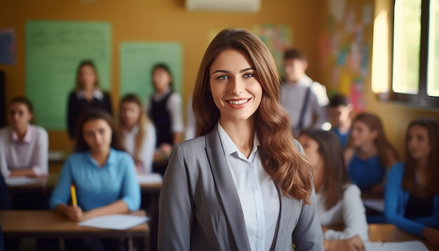 Feliz y sonriente maestra joven linda gente joven educación apariencia eslava foto de joven teache