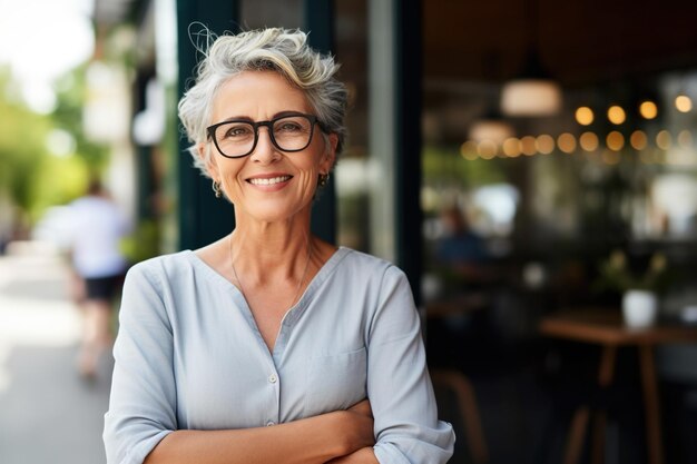 Feliz sonriente mujer adulta mayor de mediana edad propietaria de una pequeña empresa local parada afuera del restaurante