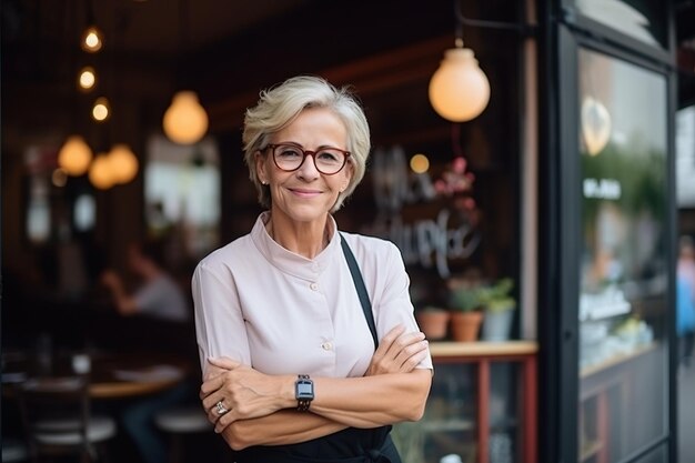 Feliz y sonriente mujer adulta mayor de mediana edad propietaria de una pequeña empresa local parada afuera de sus propios cafés