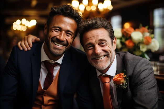 Feliz y sonriente pareja lgbt masculina casada en su boda