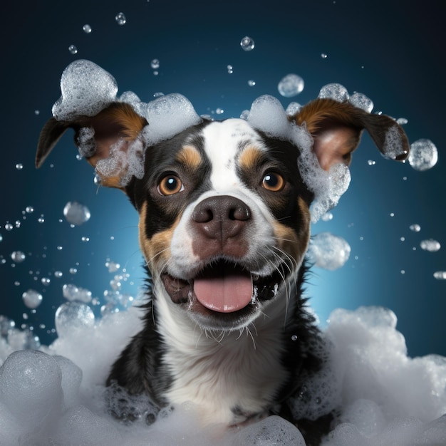 Un feliz y sonriente perro mojado está tomando un baño para mascotas