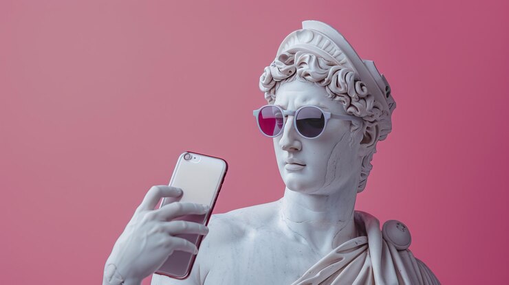 Foto feliz sonrisa antigua griega zues estatua blanca usar gafas de sol pulgar hacia arriba