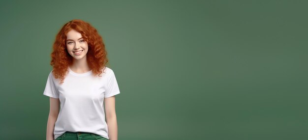 Feliz sonrisa positiva atractiva adolescente pelirroja con el cabello rizado mirando a la cámara con una camiseta casual de moda de pie aislado en el fondo verde sobre el fondo del espacio de copia de estudio