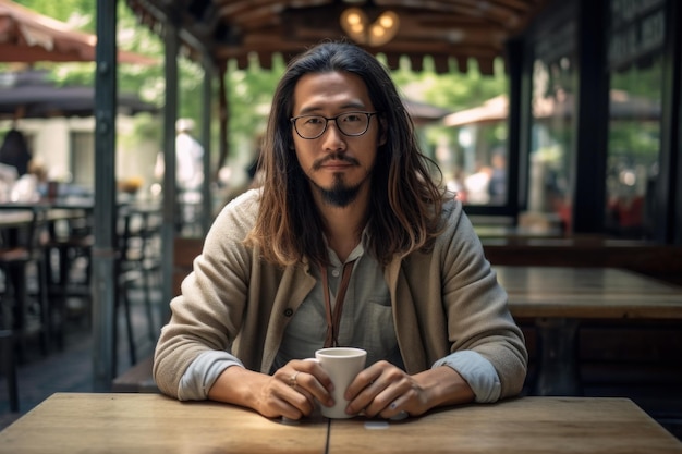 Feliz sorridente confiante asiático homem de meia-idade sentado do lado de fora do café olhando para longe e sonhando