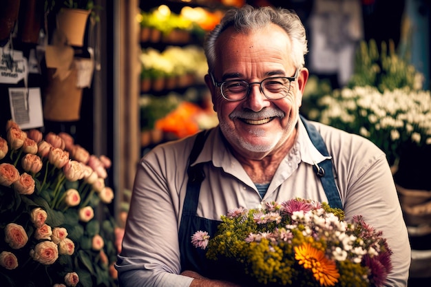 Feliz sorridente florista masculino com buquê em sua loja de flores de mãos