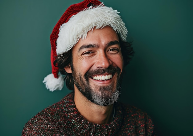 feliz sorridente homem bonito com chapéu de Papai Noel em fundo de Natal