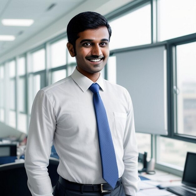 feliz sorridente homem de negócios indiano líder olha para longe com confiança de pé no escritório sorridente jovem empresário profissional gerente e executivo da Índia