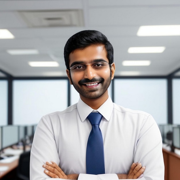 feliz sorridente homem de negócios indiano líder olha para longe com confiança de pé no escritório sorridente jovem empresário profissional gerente e executivo da Índia