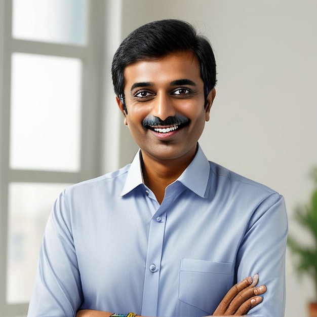 feliz sorridente homem de negócios indiano líder olha para longe com confiança de pé no escritório sorridente jovem empresário profissional gerente e executivo da Índia