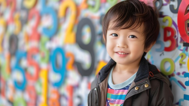 Feliz sorridente jovem menino asiático-americano contra fundos de números coloridos consciência de discalculia