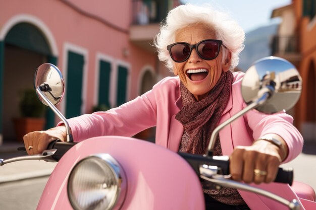 Feliz sorridente mulher idosa elegante em casaco rosa e óculos de sol em ciclomotor rosa velho