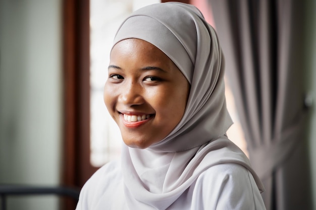 Feliz sorridente mulher muçulmana africana negra com hijab