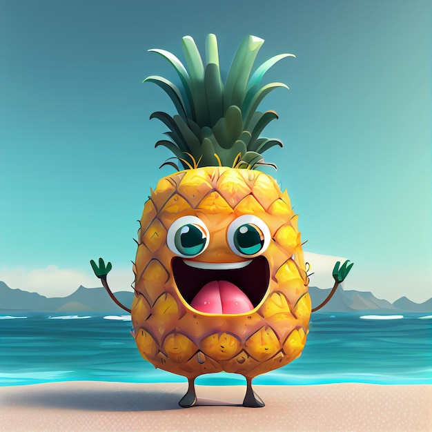Feliz sorridente personagem de desenho animado de rosto de abacaxi amarelo