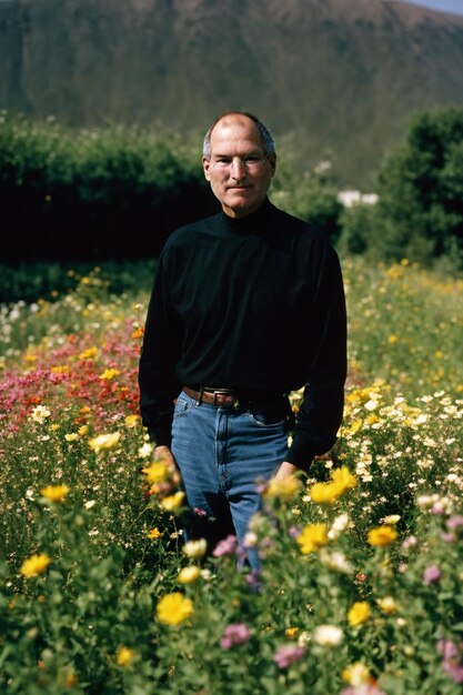 Feliz Steve Jobs parado en un hermoso campo de flores