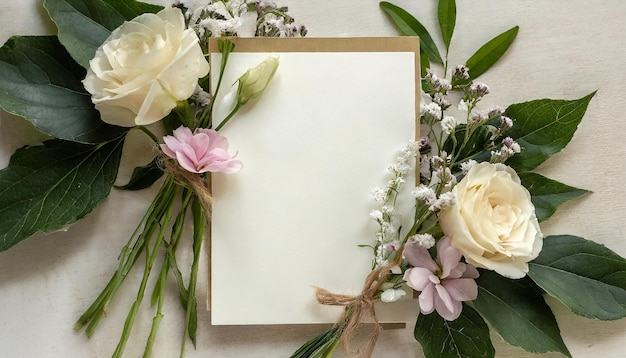 Feliz tarjeta de compromiso con flores y hojas copiar maquetas de texto de espacio vista superior