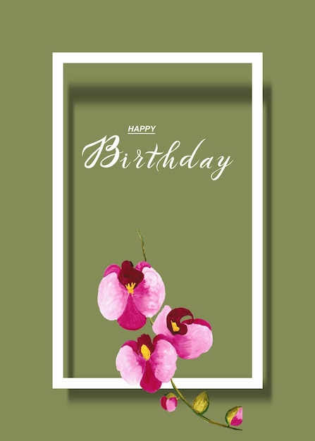 Feliz tarjeta de cumpleaños con dibujo a mano dibujo de flor de orquídea acuarela