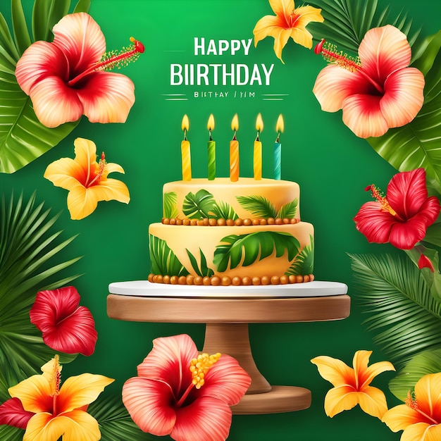 Feliz tarjeta de cumpleaños con flores tropicales y pastel.