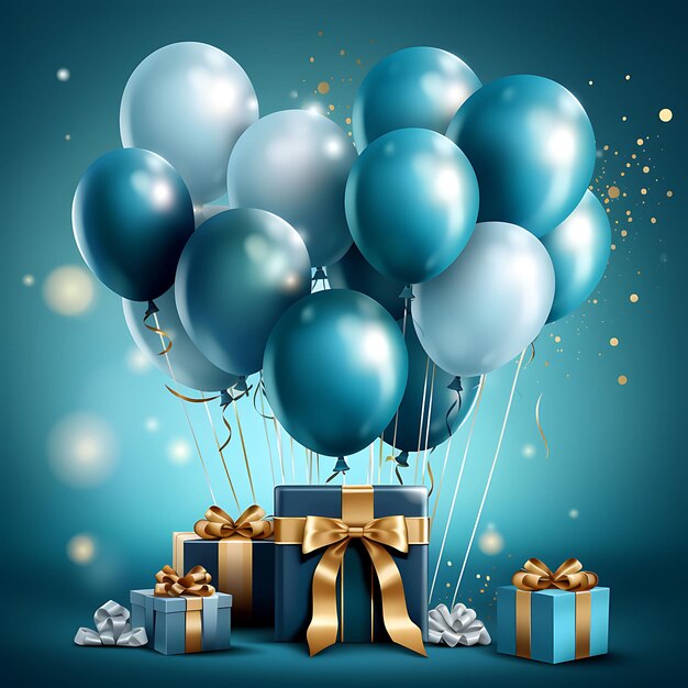 Feliz tarjeta de cumpleaños con globos de lujo y cinta