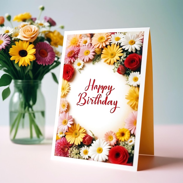 Feliz tarjeta de cumpleaños con un surtido de flores