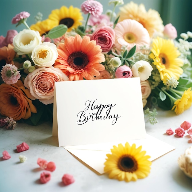 Feliz tarjeta de cumpleaños con un surtido de flores