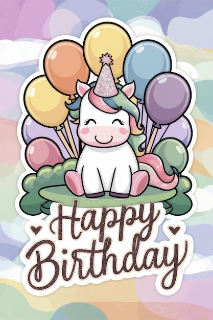 Foto feliz tarjeta de cumpleaños con unicornio y globos