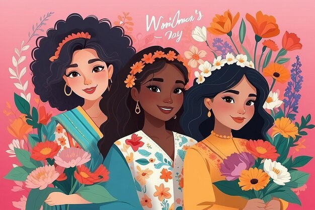 Feliz tarjeta del Día de la Mujer con chicas de diferentes nacionalidades con flores