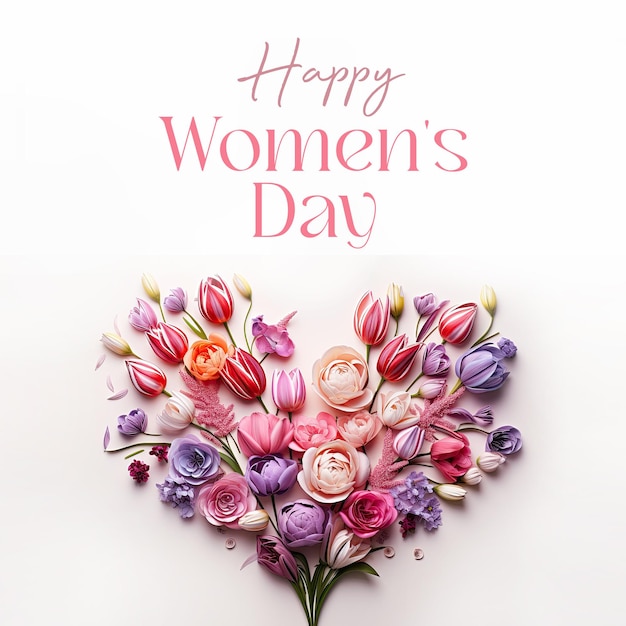 Feliz tarjeta del Día de la Mujer con un ramo de flores en forma de corazón en estilo de corte de papel