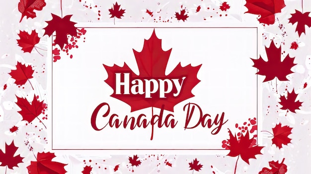 Foto feliz tarjeta de felicitación del día de canadá con hojas de arce rojas y decoraciones festivas sobre fondo blanco