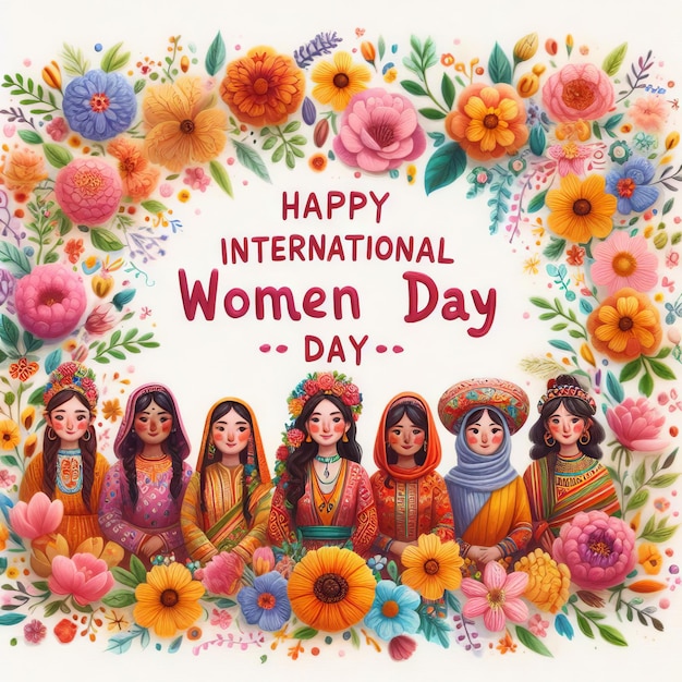 Feliz tarjeta de felicitación del Día Internacional de la Mujer con una adorable decoración de flores coloridas