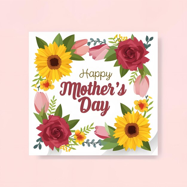 una feliz tarjeta de felicitación del día de la madre con flores y hojas