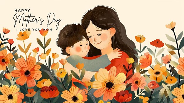 Feliz tarjeta de felicitación por el día de la madre con la madre y la hija