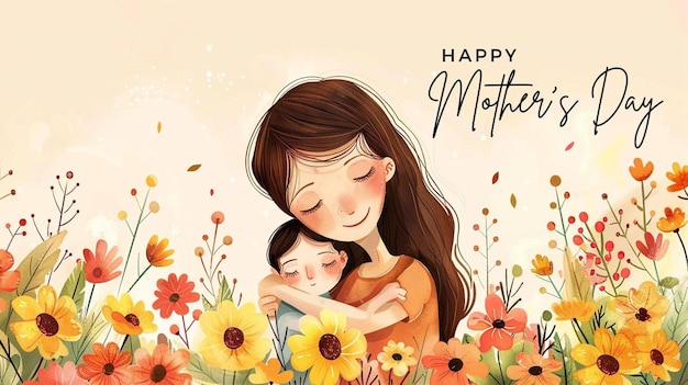 Feliz tarjeta de felicitación por el día de la madre con la madre y la hija