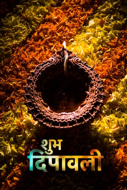 Foto feliz tarjeta de felicitación de diwali hecha con una lámpara de barro tradicional de la india colocada sobre el rangoli de pétalos de caléndula, de cerca y el enfoque selectivo