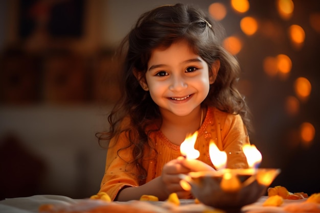 feliz tarjeta de felicitación de diwali que muestra a una hermosa chica india sosteniendo una lámpara de aceite de diya o terracota