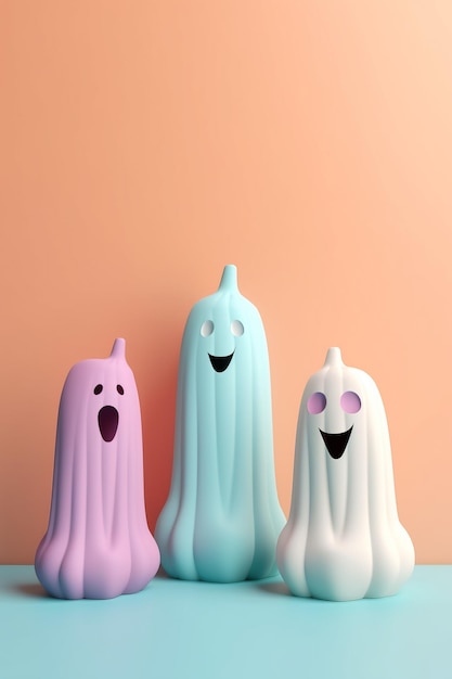 Feliz tarjeta de felicitación de fiesta de halloween con fantasmas lindos Personaje de dibujos animados de vacaciones Ilustración de color pastel para contenido banner poster tarjeta de felicitación AI generativo