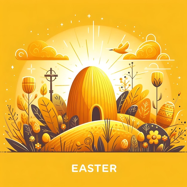 Feliz tarjeta de felicitación de Pascua con canasta de conejo y ilustraciones vectoriales de huevos