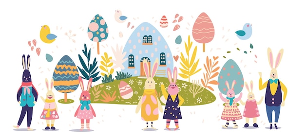 Feliz tarjeta de felicitación de Pascua con conejos y huevos tarjeta de celebración de vacaciones de primavera horizontal