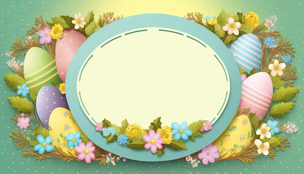 Feliz tarjeta de felicitación de pascua en estilo plano con huevo y flores minimalistas de color plano Espacio vacío para el texto de saludo generado por Ai
