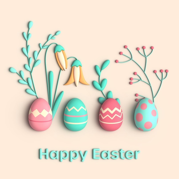 Feliz tarjeta de felicitación de Pascua con huevos y flores 3D foto de renderizado de moda