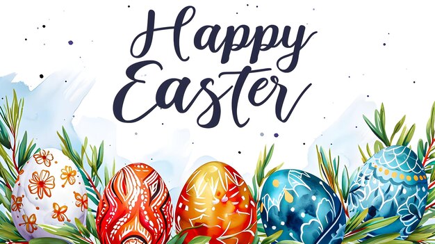 Feliz tarjeta de felicitación de Pascua con huevos y flores de colores al estilo de las ilustraciones en acuarela