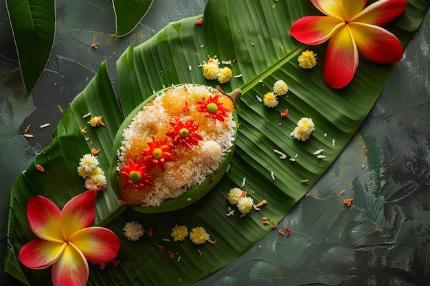 Foto feliz tarjeta de felicitación ugadi con hoja de mango y arroz festival del año nuevo indio