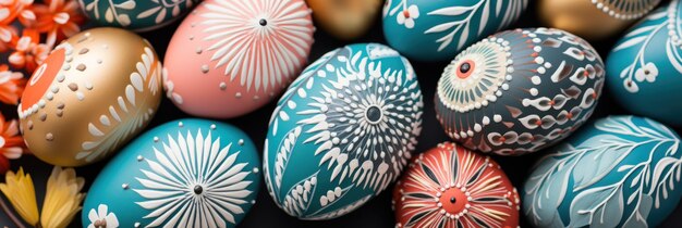 Feliz tarjeta de felicitaciones de Pascua de algunos huevos de Pascua pintados de colores con diferentes diseños de flores únicos